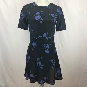 NWOT Shoshanna 100% silk black navy blue floral dress cocktail career skater sun